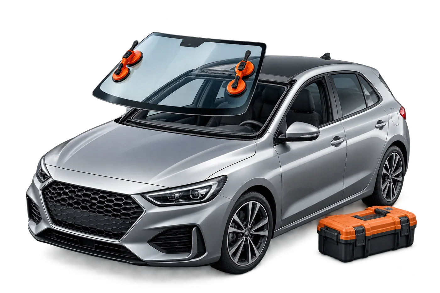 Illustration of a car with a replacement windscreen and professional glass lifting tools